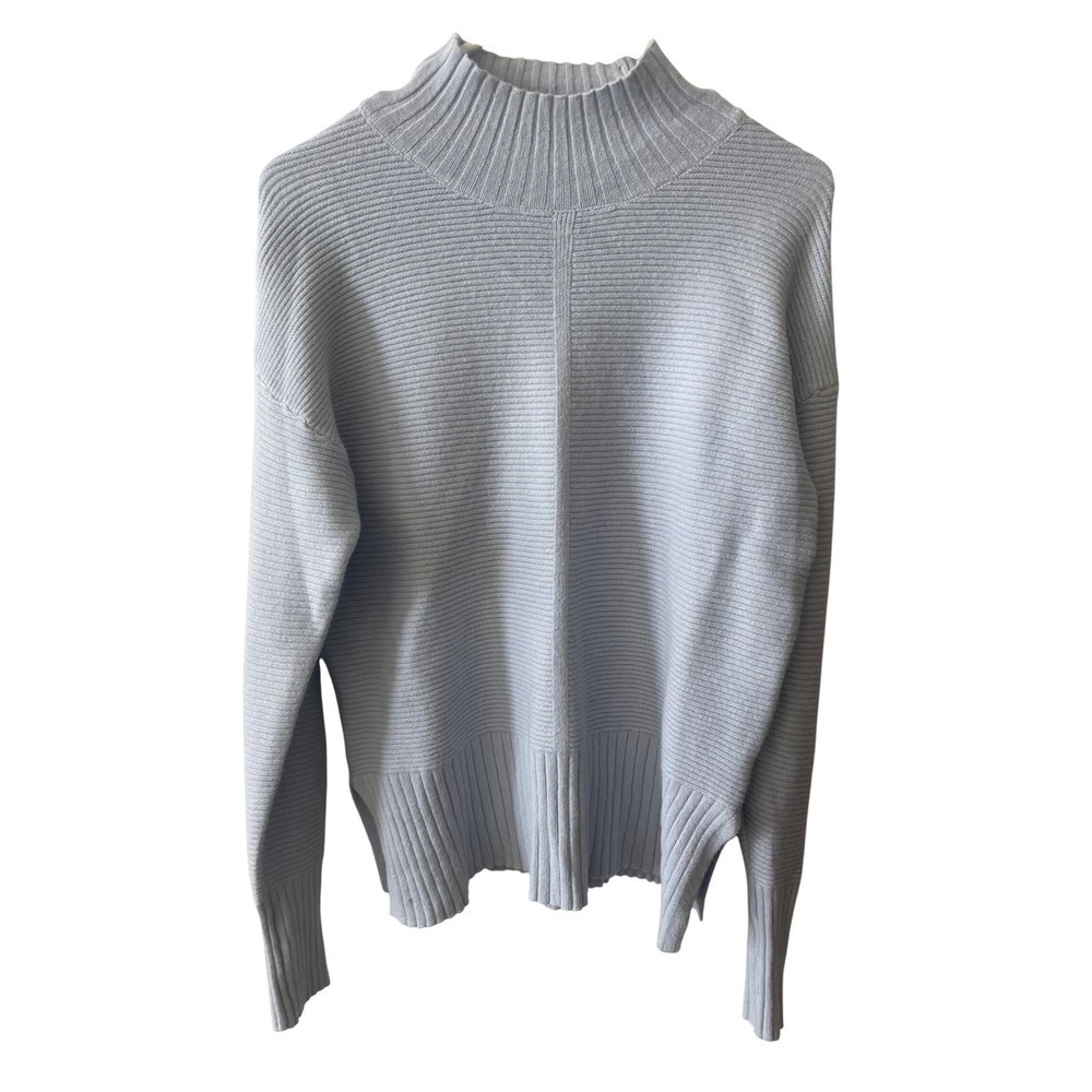 Cyrus Womens Light Blue Ribbed Mock Neck Sweater Button Cuff Side Slit Small